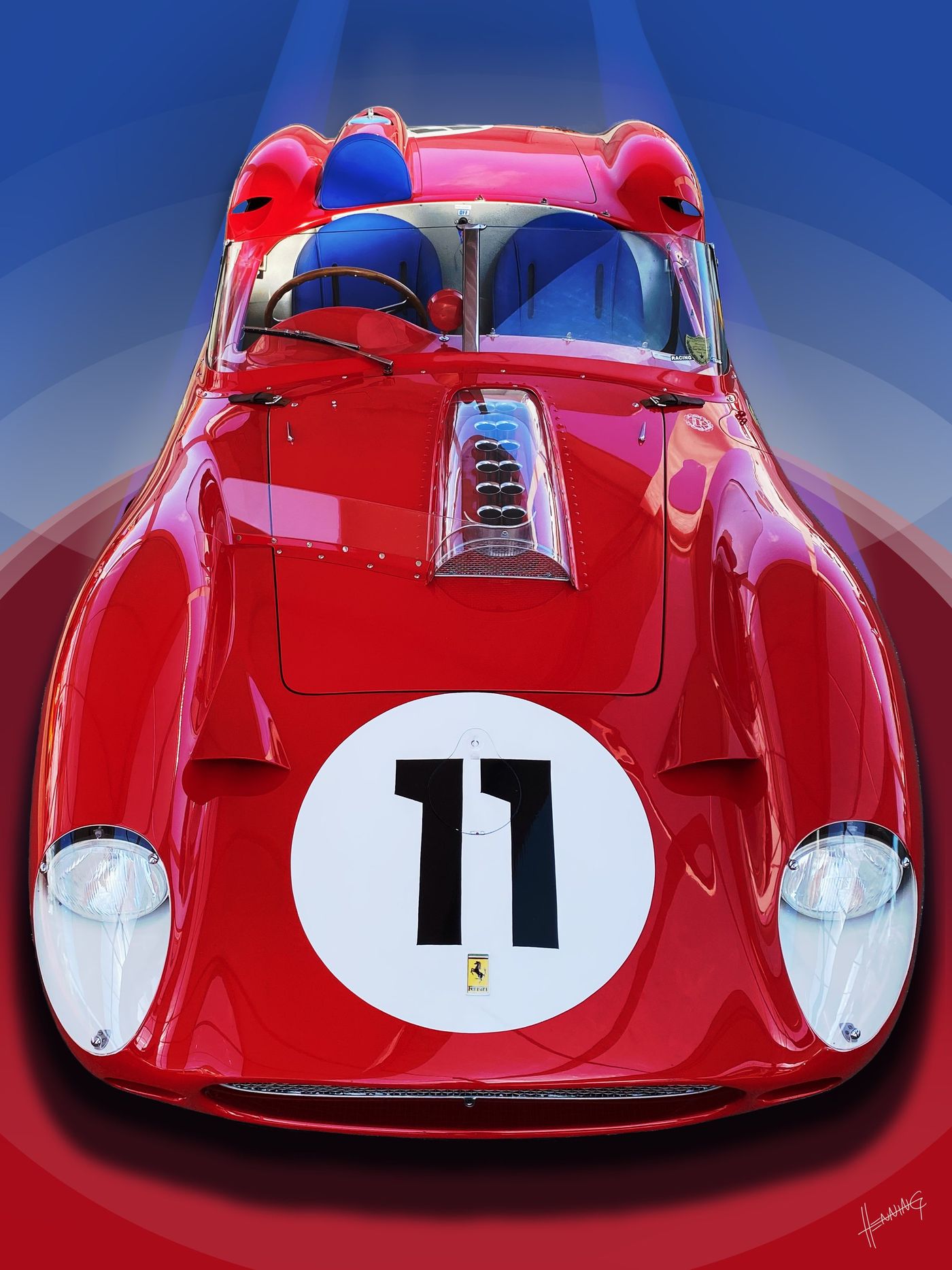 Red racing car, number 11, front view