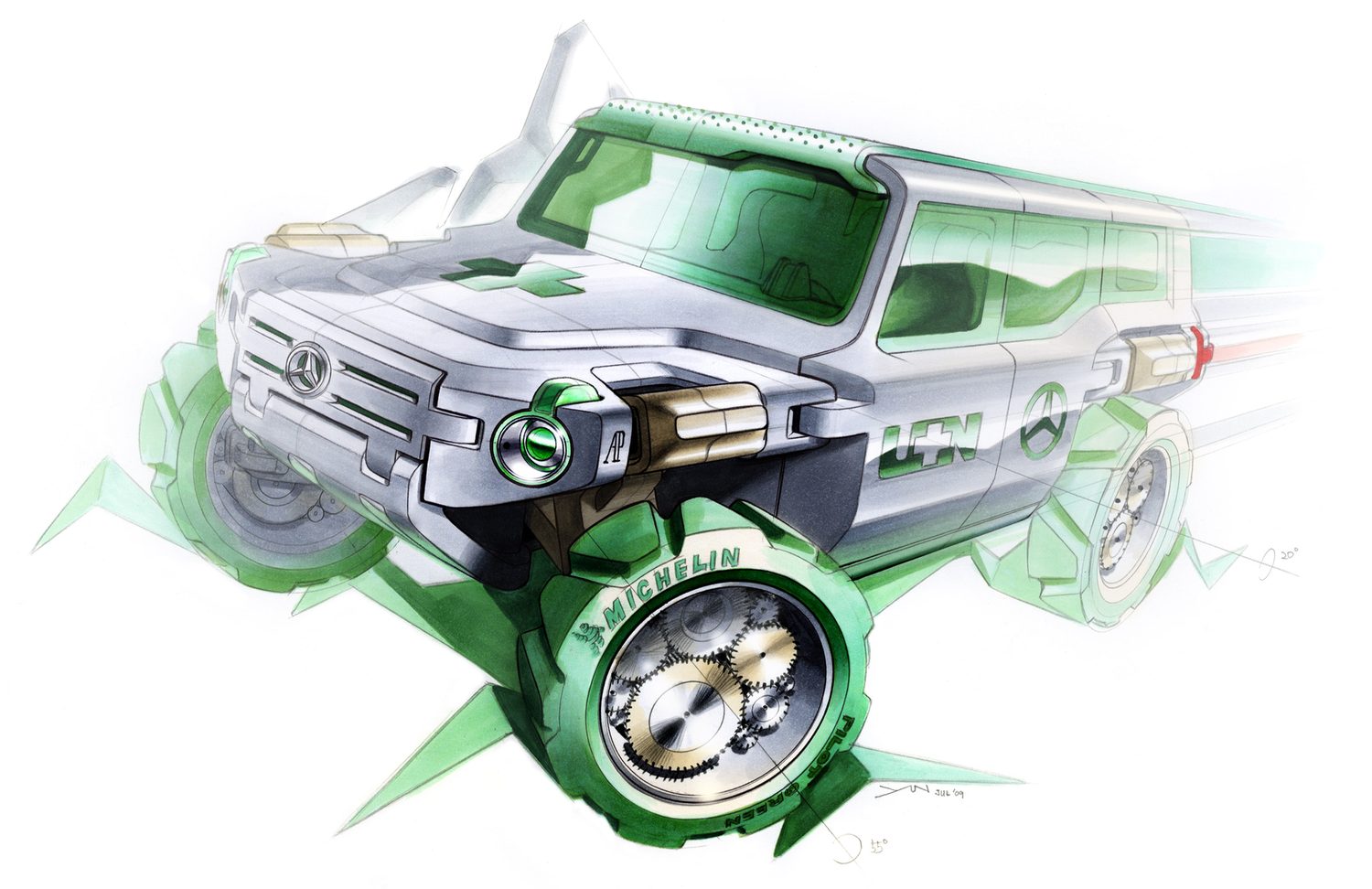 Student rendering of an off-road vehicle, front view