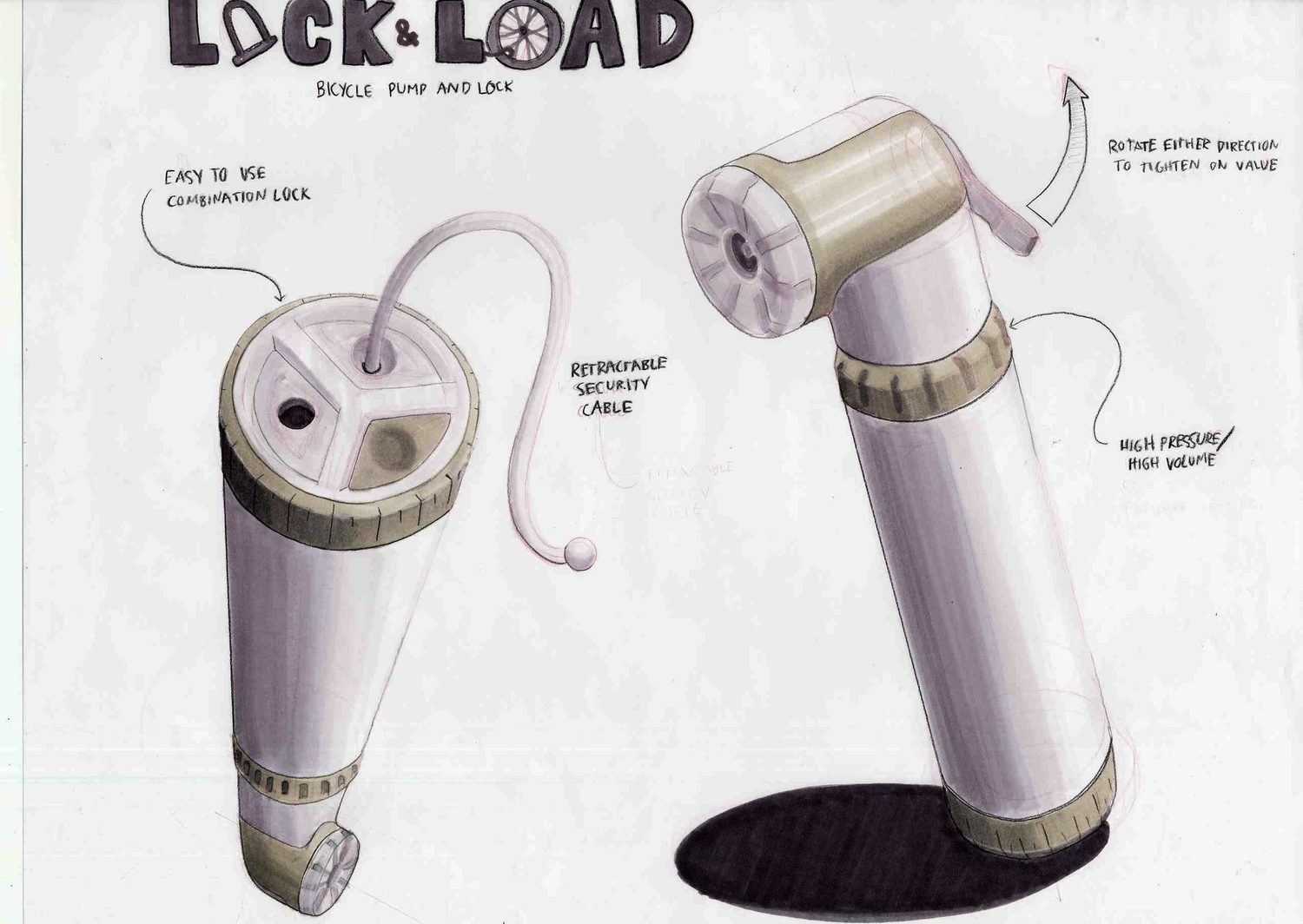 Student rendering of a bicycle pump and lock