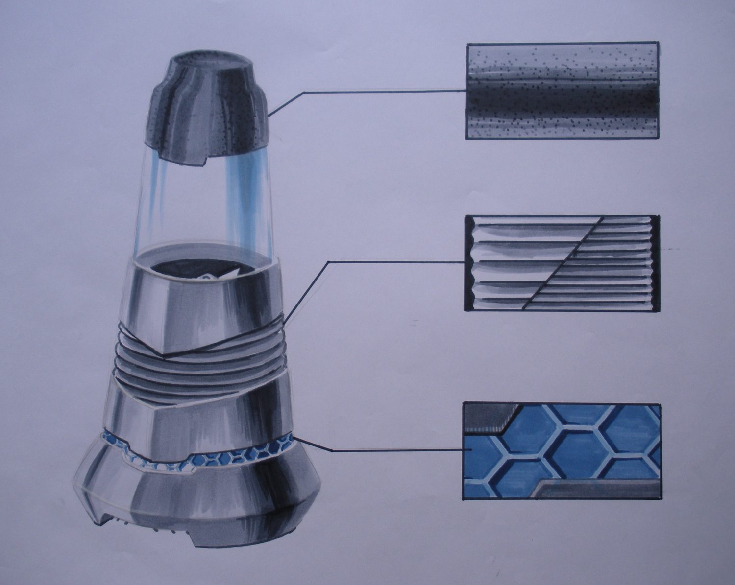 Student rendering of a blender with material details